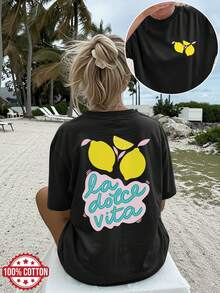 [Double-Sided Print] Women's Summer Loose-Fitting T-Shirt, Cool Style, A VITA Lemon Leaf Print, Round Neck, Short Sleeve, Dropped Shoulders, Pure Cotton Oversized T-Shirt [Ing K] Elegant Party Outfit, T-Shirt For Elegant Ladies, Blouses Suitable For Curvy Women, Prom Skirts, Casual Wear - 黑色 - 查看 1