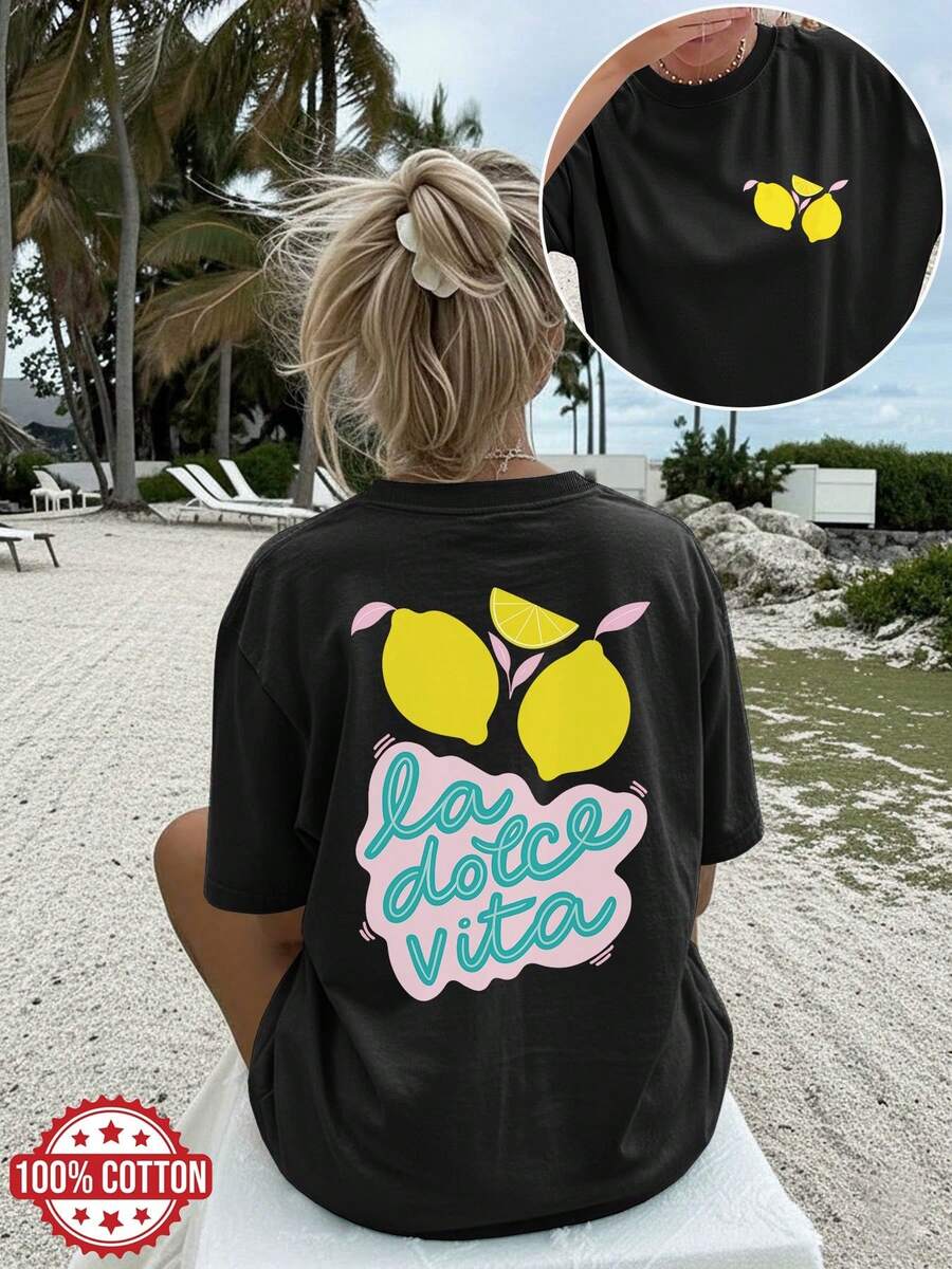 [Double-Sided Print] Women's Summer Loose-Fitting T-Shirt, Cool Style, A VITA Lemon Leaf Print, Round Neck, Short Sleeve, Dropped Shoulders, Pure Cotton Oversized T-Shirt [Ing K] Elegant Party Outfit, T-Shirt For Elegant Ladies, Blouses Suitable For Curvy Women, Prom Skirts, Casual Wear - 黑色 - 查看 1