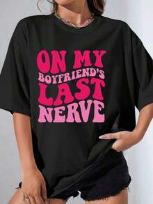 1 Piece T-Shirt With "My Boyfriend's Patience At Its Limit" Print For Valentine's Day, Casual, For Women, Fashion Cotton T-Shirts, 180g 100% Cotton. - 黑色 - 查看 3