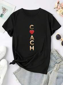 [1] Women's Y2K Style Short Sleeve T-Shirt With Round Neck Print, Casual Top, Comfortable For All Seasons, Machine Washable, Fashionable Premium Fabric Set - Black - View 3