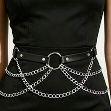 Sabuk Pinggang Kulit Hitam Wanita Gaya Gothic Terlaris dengan Rantai Berlapis Perak, Sabuk Pinggang Dekoratif Rantai Multi-Lapisan Gaya Punk - Hitam - View 12