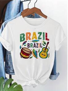 Casual Short-Sleeved T-Shirt With Round Neck And Brazilian Musical Culture Print, 100% Cotton, Ideal For Summer And Spring, Women's Clothing - 白色 - 查看 1