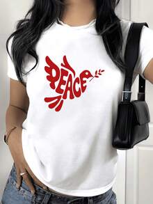 Women's Retro Short-Sleeve T-Shirt With Peace Theme, 100% Cotton, Loose Fit, Red Peace Dove Print And Text, Breathable Casual Top, Personalized Everyday Wear, Letter Print, Adult Women's Summer Short-Sleeve T-Shirt, Breathable Fabric, Suitable For Back To School Season, Ideal For Outdoor Use, Perfect Gift, . - 白色 - 查看 1