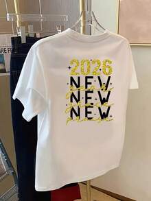 New 180gsm Short-Sleeved T-Shirt, 1% Cotton, With Front And Back Prints - New Year 2026, Gold Glitter - Fashionable Printed T-Shirt For Women, Your Best Choice! - Suitable For Layering In Spring And Autumn, And For Wearing Alone In Summer, Unisex Style. - 白色 - 查看 3