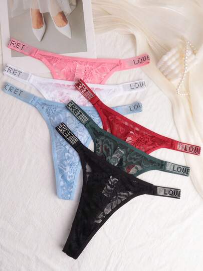6pcs Sexy Rhinestone Letter Lace Thong Panties, Low Waist Floral Mesh Breathable T-Back Underwear, Women's Intimates Lingerie