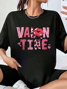 Camiseta Gráfica con Estampado de Labios y Leopardo Rosa para el Día de San Valentín para Mujer, Atuendo Casual para el Día de San Valentín, Top de Moda con Diseño de Corazones, Playera Holgada para Mujer - Negro - Ver 1