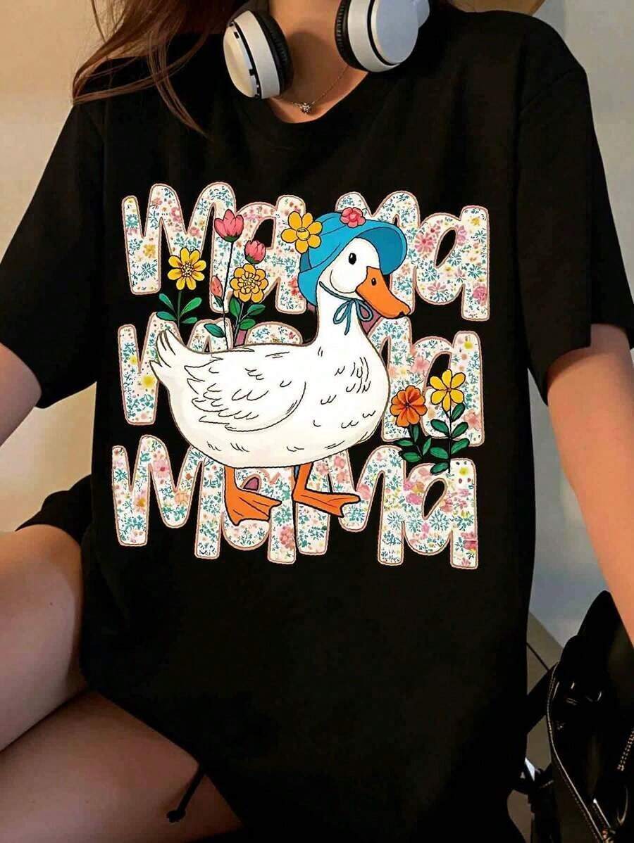 Women's "Duck Mom" Floral Print T-Shirt, Cute Animal Design, Summer Casual Wear, Mother's Day Gift [Suitable For Leisure And Sports Occasions] - 黑色 - 查看 1