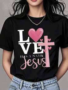 Mexican Women's Crew Neck T-Shirt With Heart And Jesus Cross Print, Short Sleeve, Casual Style, Christian Faith, For Everyday Wear And Religious Events. Summer Fashion Cotton T-Shirt - 黑色 - 查看 1