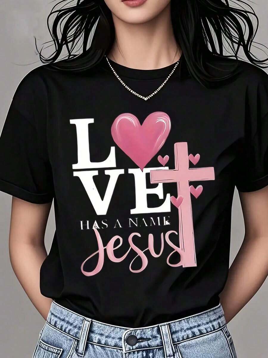 Mexican Women's Crew Neck T-Shirt With Heart And Jesus Cross Print, Short Sleeve, Casual Style, Christian Faith, For Everyday Wear And Religious Events. Summer Fashion Cotton T-Shirt - 黑色 - 查看 1