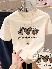 Women's Casual Shirt Print T-Shirt, Short Sleeve And Round Neck, Local Spring/Summer Urban Fashion. - Aprikot - View 1