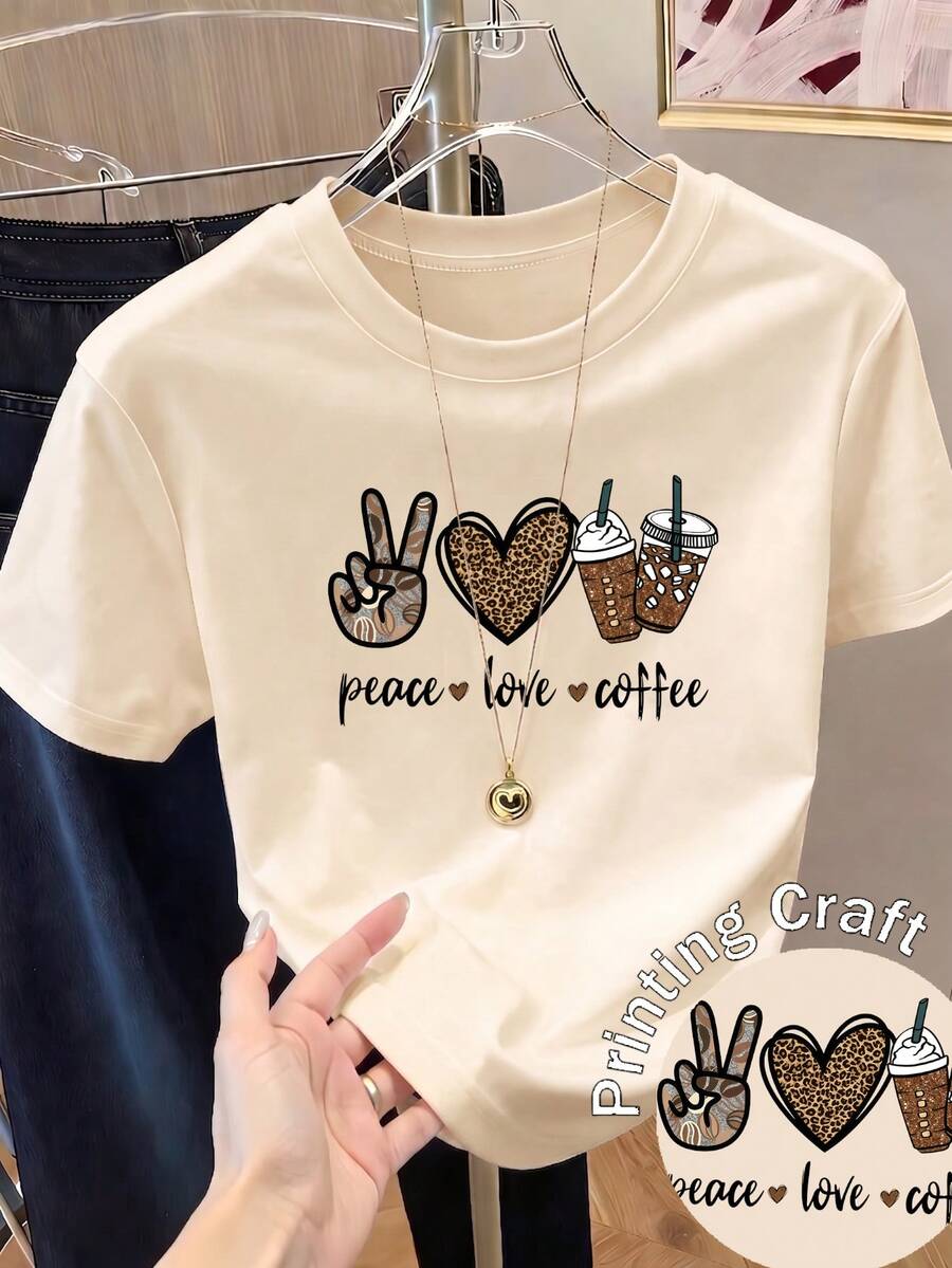 Women's Casual Shirt Print T-Shirt, Short Sleeve And Round Neck, Local Spring/Summer Urban Fashion. - Aprikot - View 1