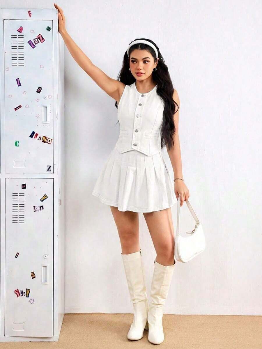 Vestido de mezclilla mini con plisados sin mangas y de estilo de moda para mujer, verano - Blanco - Ver 1