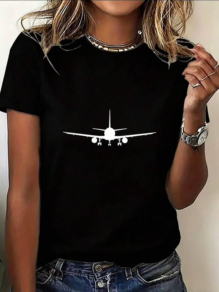 Women's Soft T-Shirt With Airplane Print - Breathable, Loose Fit, Crew Neck, Short Sleeve, With Airplane Design And 'PLANE' Lettering, Casual Sporty Blouse - Suitable For Everyday Wear (Machine Washable, ), Elegant Blouses For Women - 黑色 - 查看 1