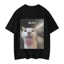Funny Cat Graphic Print T-Shirts, Women's Clothing, Fashion T-Shirts, Short Sleeve Summer Casual Wear - Vintage Urban Style, Unisex Loose Fit Cotton Short Sleeve Crew Neck T-Shirt - 黑色 - 查看 1