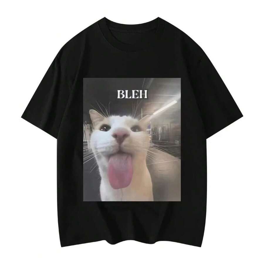 Funny Cat Graphic Print T-Shirts, Women's Clothing, Fashion T-Shirts, Short Sleeve Summer Casual Wear - Vintage Urban Style, Unisex Loose Fit Cotton Short Sleeve Crew Neck T-Shirt - 黑色 - 查看 1