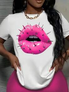 Women's T-Shirt With Rock And Roll Style Lips And Steel Nails Print, Round Neck, Short Sleeve, Casual, Summer Clothing - Vintage Urban Style, Unisex, Loose Fit, Cotton, Short Sleeve, Round Neck - 白色 - 查看 2