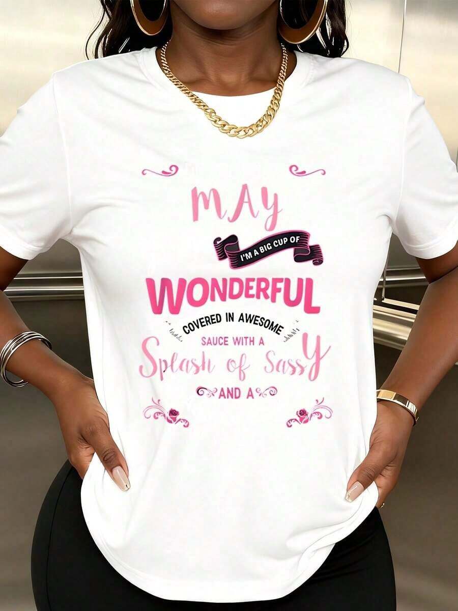 Women's Casual Short Sleeve Graphic Print T-Shirt: "Can I Treat Myself To A Cup Of Wonder Covered In Amazing Sauce With A Touch Of Daring?" For Everyday Wear. - 白色 - 查看 1