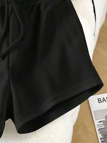 Conjunto casual diario de top de manga corta de cuello redondo de unicolor y shorts con cordón en la cintura para mujer - Blanco - Ver 3