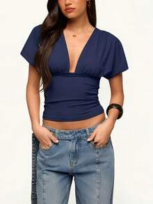 Women's Summer V Neck Tops Short Sleeve Solid Color Slim Fit Ruched Blouse Pale Yellow Casual T-Shirt - Azul - Ver 4