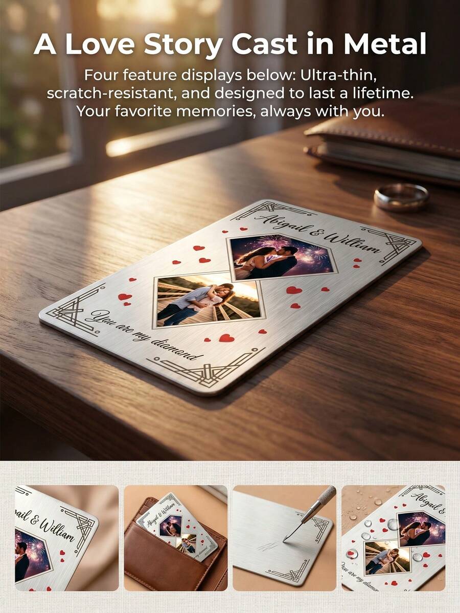 1 pieza Tarjeta de billetera de aluminio personalizada con fotos de pareja, recuerdo personalizado grabado con nombres y mensaje de la pareja, regalo romántico para la pareja, material de aluminio cepillado, diseño grabado e impreso, tamaño de tarjeta de crédito - Plateado - Ver 1