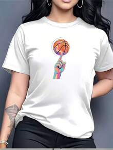 SuaveFestive 180G Basketball Sports T-Shirt - Perfect Gift For Family And Team Events, Ideal For 4th Of July Celebrations, Soft And Durable Graphic Tee For Casual Wear. New Arrival. - 白色 - 查看 1