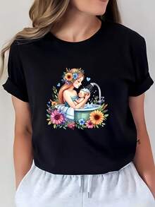 SuaveMommy And Bath Floral Design 180G Short Sleeve T-Shirt For Family Gifts Mother'S Day Spring Festival Must-Have Comfortable And Stylish Tee For WomencuteNew Arrival - 黑色 - 查看 6