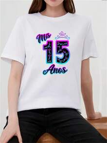 Women's Casual Round Neck Sports T-Shirt, New, Comfortable, With 15 Fashion Prints, Elegant Party Outfit, T-Shirt For Elegant Ladies, Blouses Suitable For Curvy Women, Casual Clothing, Cool And Sweat-Free Summer Clothes, Fun Letter Print - 白色 - 查看 3