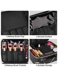 1pc Marble Pattern PU Cosmetic Storage Bag, Waterproof Travel Makeup Bag, Professional Portable Makeup Box, Embroidered Tool Organizer Box - Black - View 3