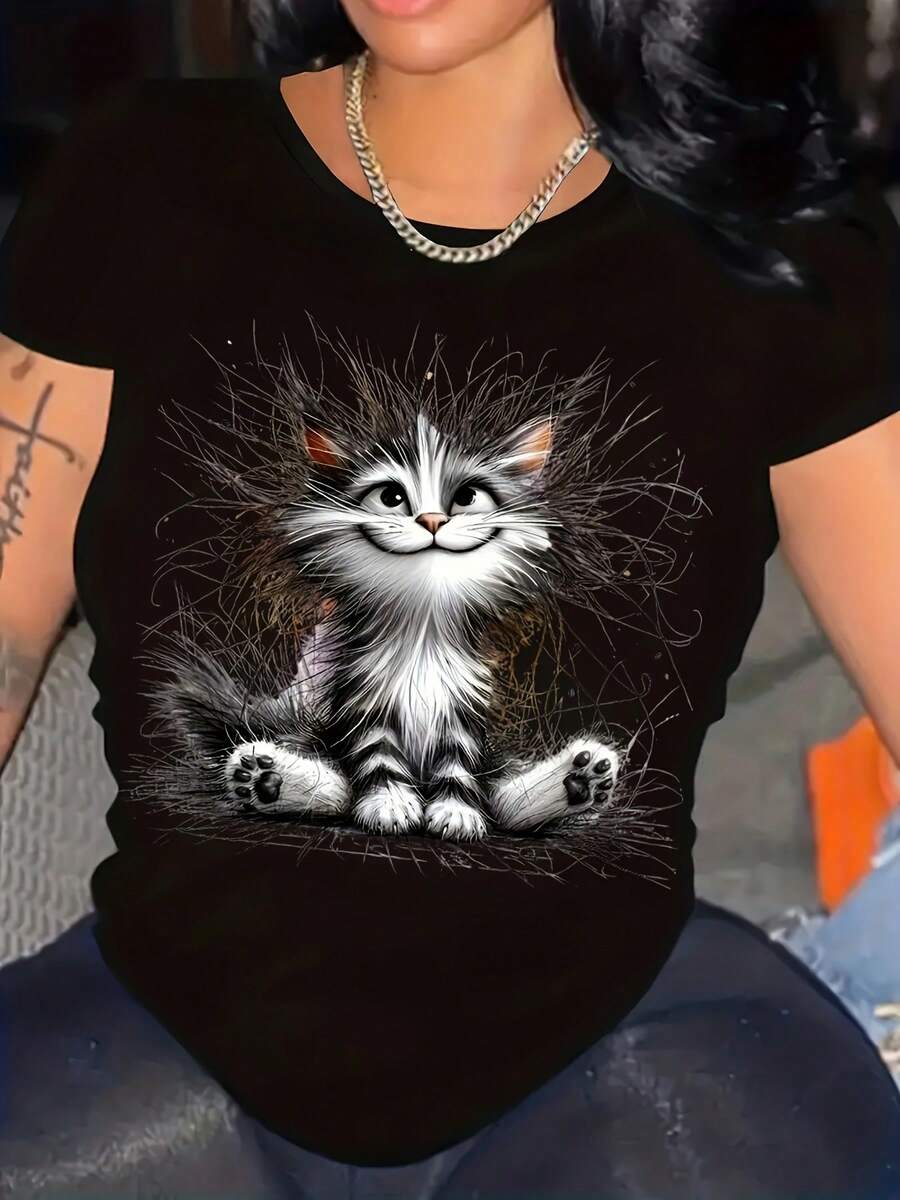Short-Sleeved T-Shirt With Round Neck And Straight Shoulders, European And American Style, Printed In English - 黑色 - 查看 1