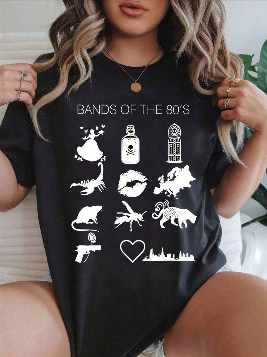 Soft 100% Cotton Women's Short-Sleeved Casual T-Shirt - Summer T-Shirt With A Round Neck, Printed With 80s Band Icons And Symbols, Machine Washable, Ladies' T-Shirts, Casual Wear, Modern Look, Comfortable Fit.
Breathable White Cotton T-Shirt, Goes With Everything And Looks Great. - 黑色 - 查看 1