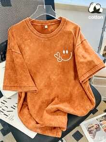 Vintage Washed Cotton Loose-Fit T-Shirt, Cute Face And Heart Print, Women's Casual Tree Style Short-Sleeve Top, Wrinkle-Resistant Washed Cotton T-Shirt Vintage Style--Everyday Outfit T-Shirt Women's Basic Tee - 橘色 - 查看 4