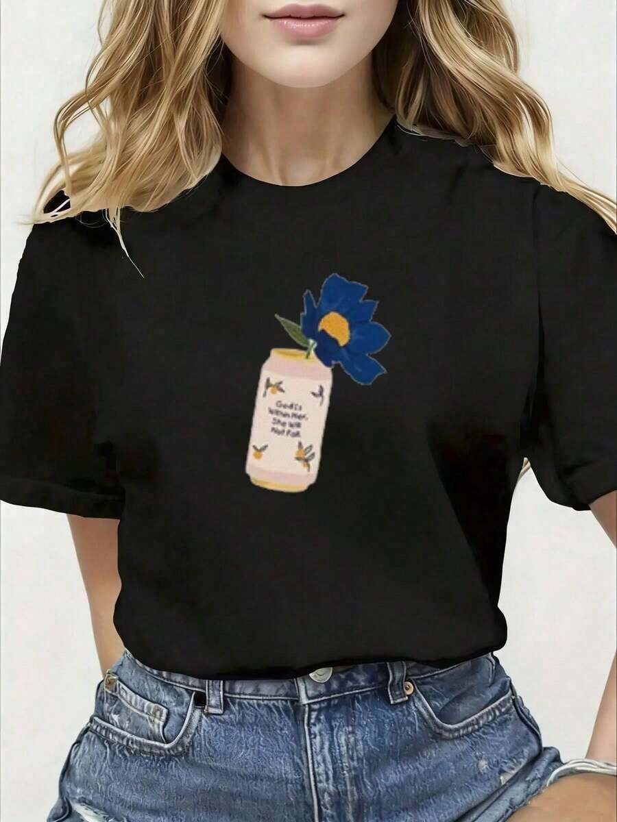 PremiumComfortable Wo's Y2K Printed Crew Neck T-Shirt - Summer Top Suitable For Women - Casual Outfit To Match With Jeans - Short Sleeve Printed T-Shirt For Spring Summer, Personalized Top, Gift Idea - 黑色 - 查看 1