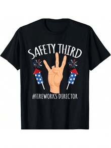 The Raised Hand Shows Three Fingers, Surrounded By Fireworks With A Star Pattern And Bright Colors, Symbolizing Energy, Celebration, Humor, And A Positive Attitude. Comfortable Casual T-Shirt For Women, Suitable For Everyday Wear. - 黑色 - 查看 1