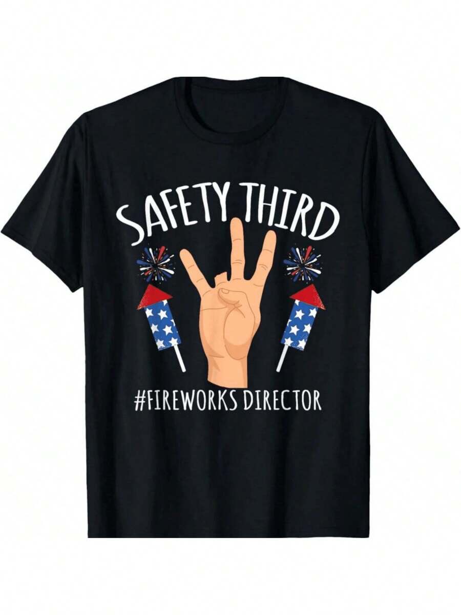 The Raised Hand Shows Three Fingers, Surrounded By Fireworks With A Star Pattern And Bright Colors, Symbolizing Energy, Celebration, Humor, And A Positive Attitude. Comfortable Casual T-Shirt For Women, Suitable For Everyday Wear. - 黑色 - 查看 1
