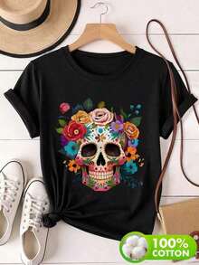 Women's Short-Sleeved T-Shirt With Round Neck, Printed With A Day Of The Dead Catrina Skull Motif, Simple And Elegant. - 黑色 - 查看 6