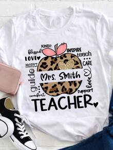 Women's Casual Long Sleeve White Sports T-Shirt With Leopard Apple Graphic - Elastic Crew Neck T-Shirt, Machine Washable, Comfortable Fit For All Seasons, For Daily Use. - 白色 - 查看 1