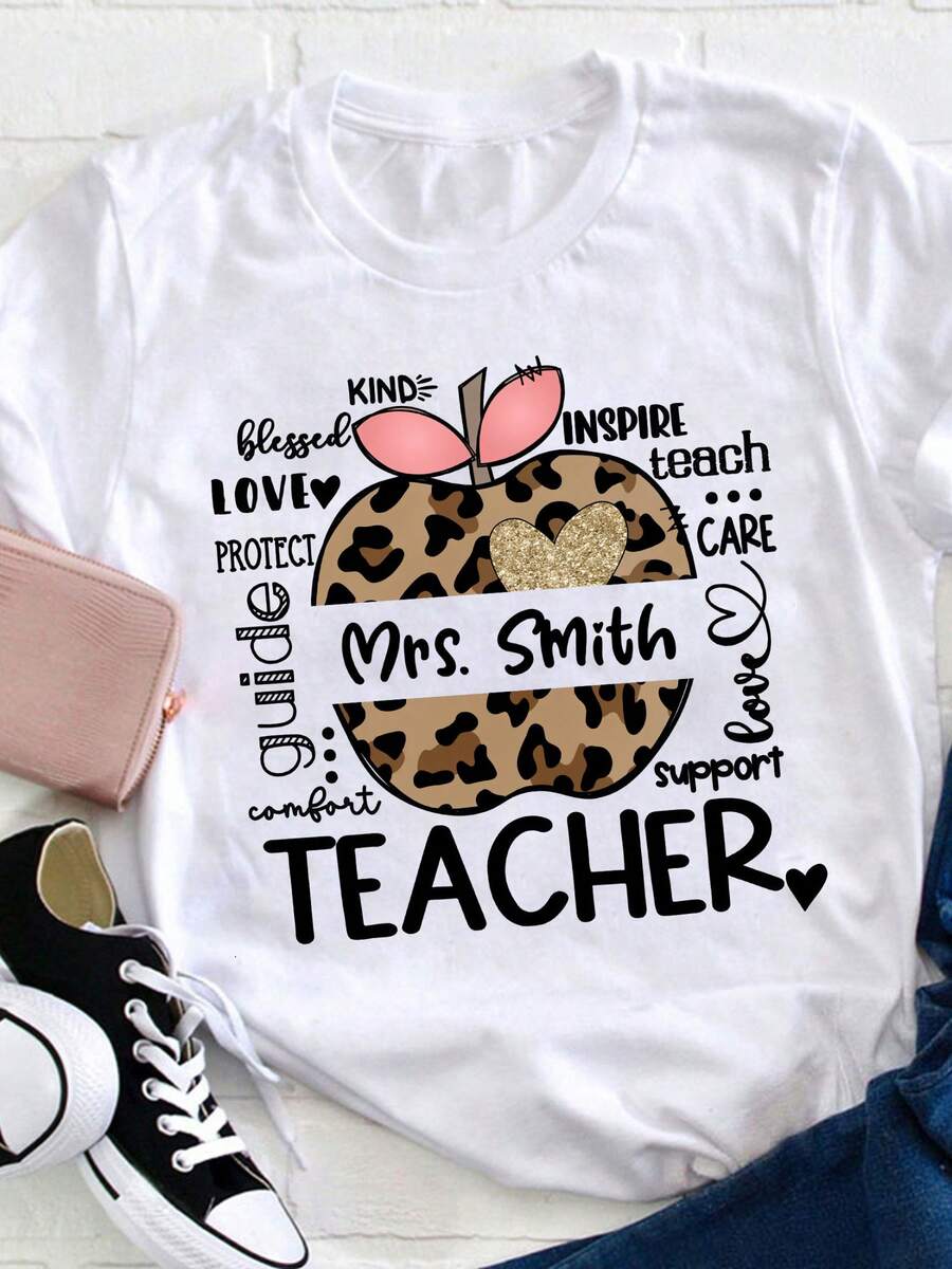 Women's Casual Long Sleeve White Sports T-Shirt With Leopard Apple Graphic - Elastic Crew Neck T-Shirt, Machine Washable, Comfortable Fit For All Seasons, For Daily Use. - 白色 - 查看 1