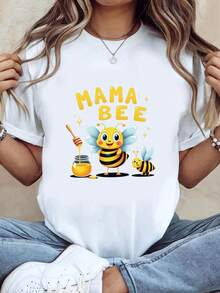 Mama Bee Brewing Sweet Life With Love, Women's T-Shirt With Graphic Print Of The Bee Family And Maternal Love, Short Sleeve, Round Neck, Casual Top For Summer And Spring, Women's Clothing, Casual Printed T-Shirt, Short Sleeve And Round Neck, Local Urban Spring/Summer Fashion. - 白色 - 查看 7