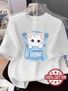 | Exquisite Design | Loose And Comfortable | Easy To Match | TH450 New Women's T-Shirt, With Cartoon Cat Design Print, Modern And Casual Printed T-Shirt, 100% Cotton, Round Neck, Short Sleeve, Sweat-Absorbing And Breathable, Casual Loungewear, Comfortable, Stylish And Unique, Suitable For Spring, Summer And Autumn, Versatile Short-Sleeved Sports T-Shirt, Breathable And Sweat-Absorbing, Also Suitable For Layering In Autumn And Winter. - 白色 - 查看 1