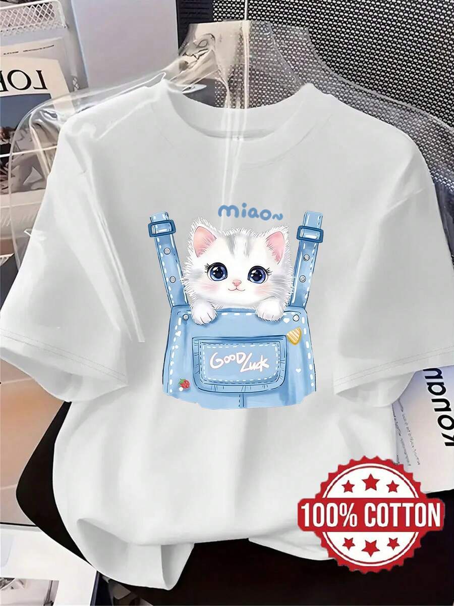 | Exquisite Design | Loose And Comfortable | Easy To Match | TH450 New Women's T-Shirt, With Cartoon Cat Design Print, Modern And Casual Printed T-Shirt, 100% Cotton, Round Neck, Short Sleeve, Sweat-Absorbing And Breathable, Casual Loungewear, Comfortable, Stylish And Unique, Suitable For Spring, Summer And Autumn, Versatile Short-Sleeved Sports T-Shirt, Breathable And Sweat-Absorbing, Also Suitable For Layering In Autumn And Winter. - 白色 - 查看 1