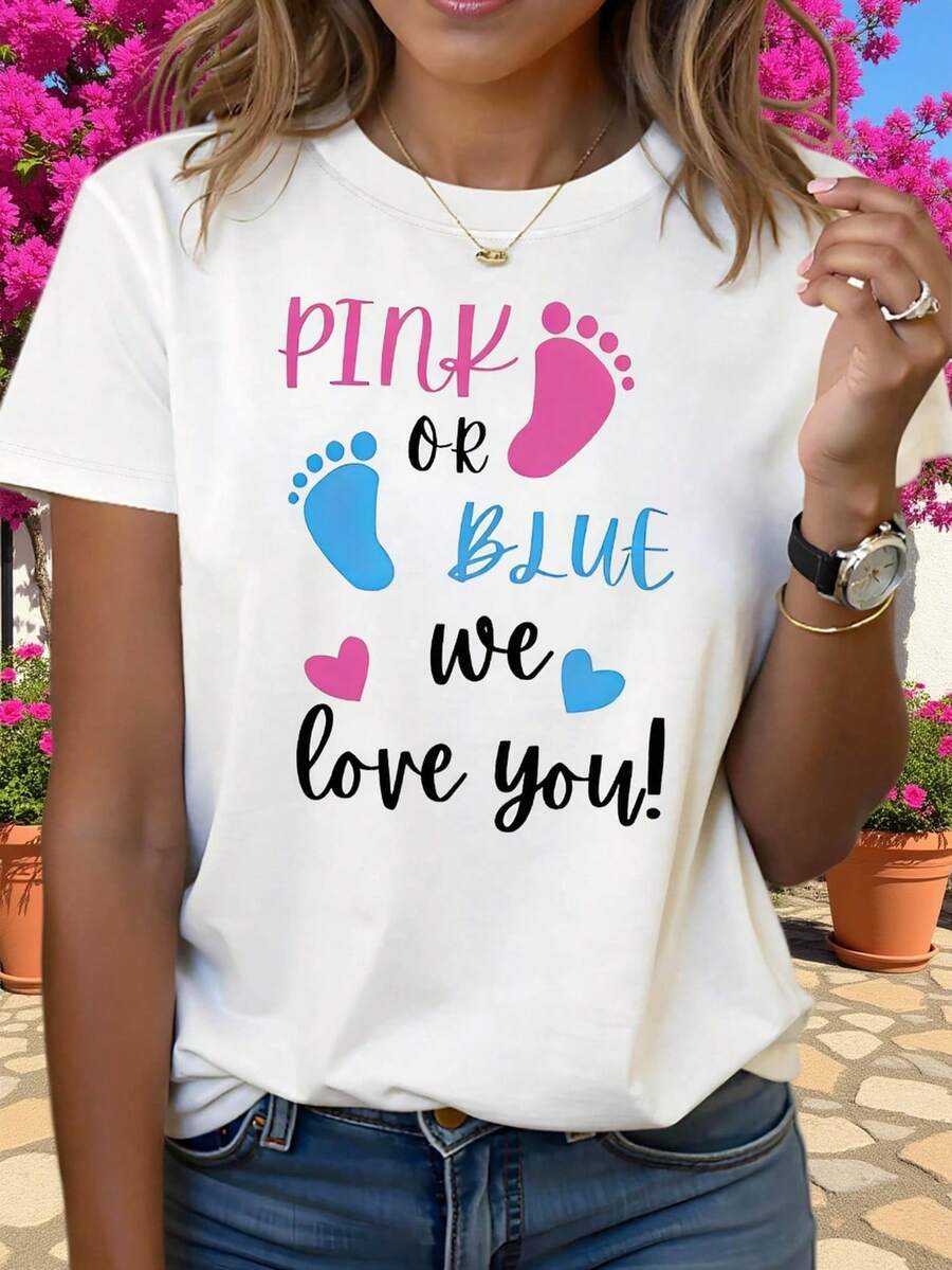 1 Women's T-Shirt With "PINK OR BLUE We Love You!" Print, Short Sleeve And Round Neck, Casual Style For Spring/Summer, Suitable For Daily Wear, Holiday Gifts, Shopping And Outings, 180g 100% Cotton. - 白色 - 查看 1
