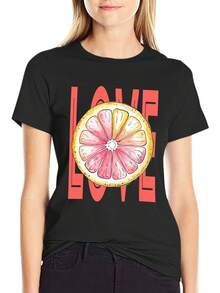 | Exquisite Design | Loose And Comfortable | Easy To Match | Women's Loose White T-Shirt With Pink Lemon Print And The Word LOVE - 200g Weight Casual Short Sleeve T-Shirt, Lemon And Strawberry Slice Design, Loose Fit Suitable For Summer Beachwear, Picnic Sets, Casual Wear (Pink Lemon Heart Pattern). - 黑色 - 查看 2