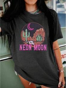 Cotton Graphic T-Shirt, Plus Sizes, Neon Moon T-Shirt For Women, Neon Moon T-Shirts, Classic Country Cow T-Shirt, Vintage Musical Graphic T-Shirt, Tops For Women, Sizes L-3XL 4XL 5XL, Y2K, Oversized T-Shirt For Men, Summer Tops, Casual Printed T-Shirt For Women, Short Sleeve And Round Neck, Local Spring/Summer Urban Fashion. - 黑色 - 查看 1