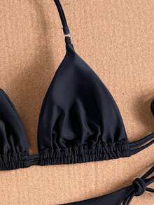 Bộ bikini tam giác màu đen buộc dây cổ, điểm nhấn là đá quý và dây buộc bên hông, gồm 2 mảnh, thích hợp mặc đi biển. - màu đen - Xem 5