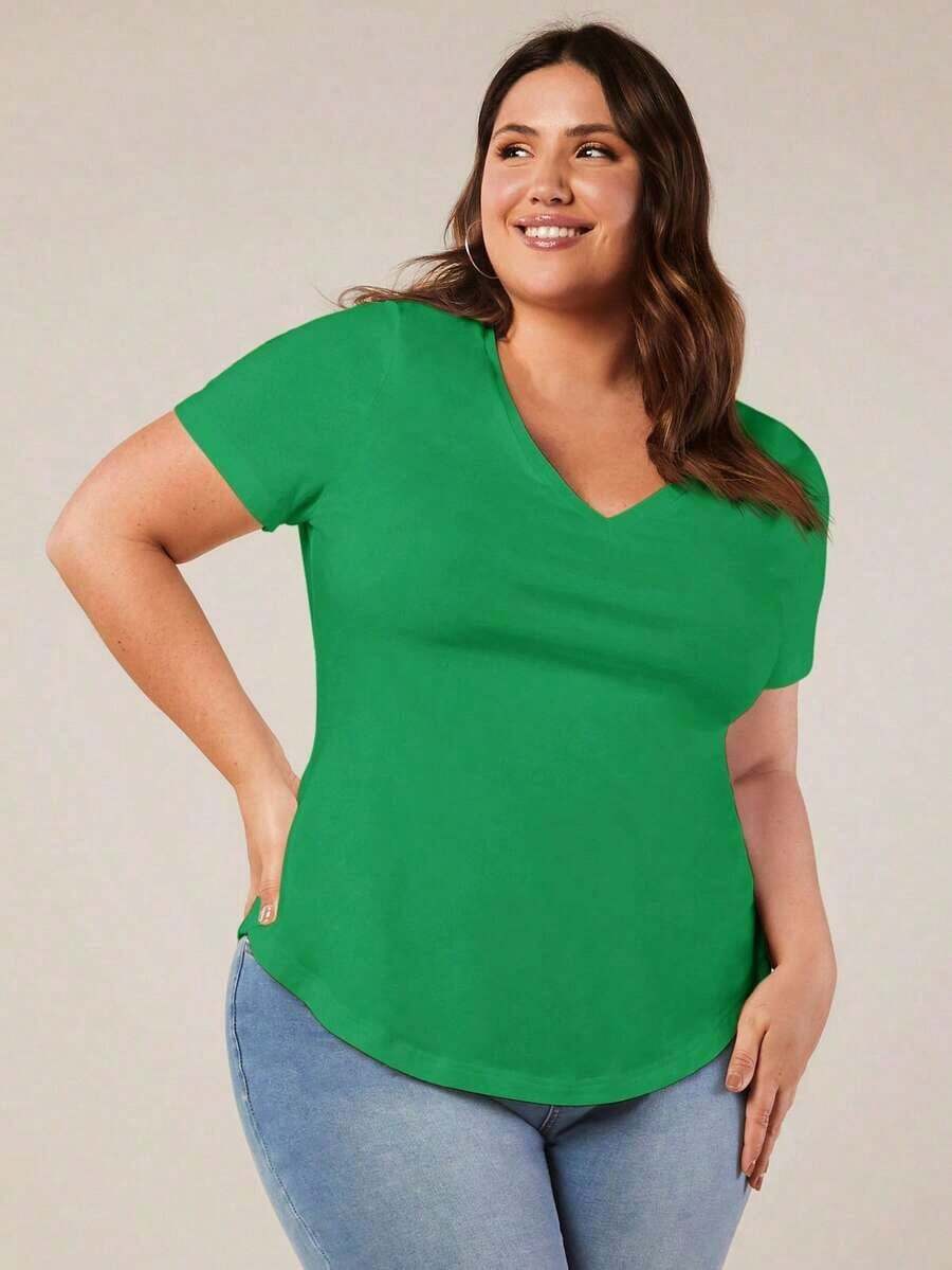 BASICS Camiseta casual versátil de manga corta y cuello en V de talla grande para mujer - Verde - Ver 1