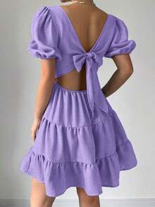 Vestido de verano, primavera y playa, elegante y romántico, para conciertos, estilo bohemio con mangas abultadas, espalda descubierta, lazo, para vacaciones, tiempo libre y viajes, con volantes en el bajo, color caqui, nuevo modelo 2025 - Morado - Ver 1