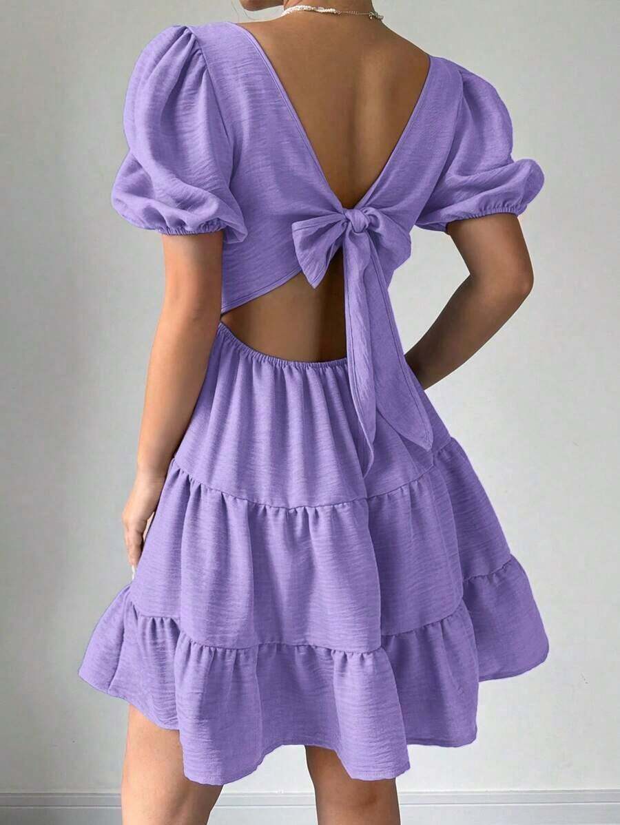Vestido de verano, primavera y playa, elegante y romántico, para conciertos, estilo bohemio con mangas abultadas, espalda descubierta, lazo, para vacaciones, tiempo libre y viajes, con volantes en el bajo, color caqui, nuevo modelo 2025 - Morado - Ver 1