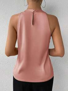 Blusa de crepé champán con cuello fruncido, sin mangas, elegante y sencilla para la oficina, para uso diario y de oficina - Rosa vieja - Ver 2