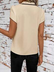 Camisa de mujer de manga corta, con lazo, volantes, a cuadros, elegante y casual para vacaciones y picnic, primavera/verano - Albaricoque - Ver 2