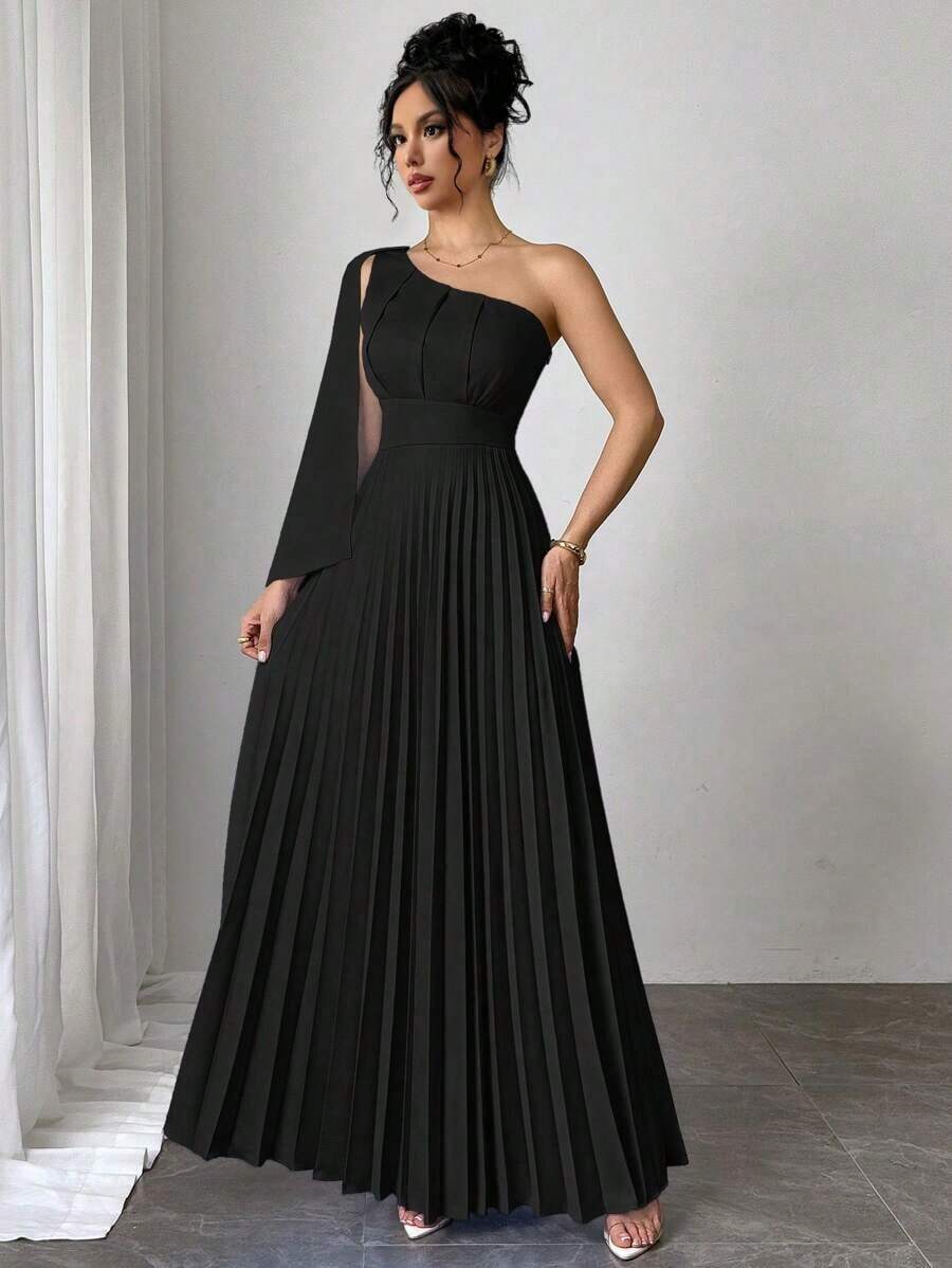 Nuevo vestido plisado sin mangas de color azul claro versátil para mujer, atuendo de vacaciones, vestido de verano - Negro - Ver 1